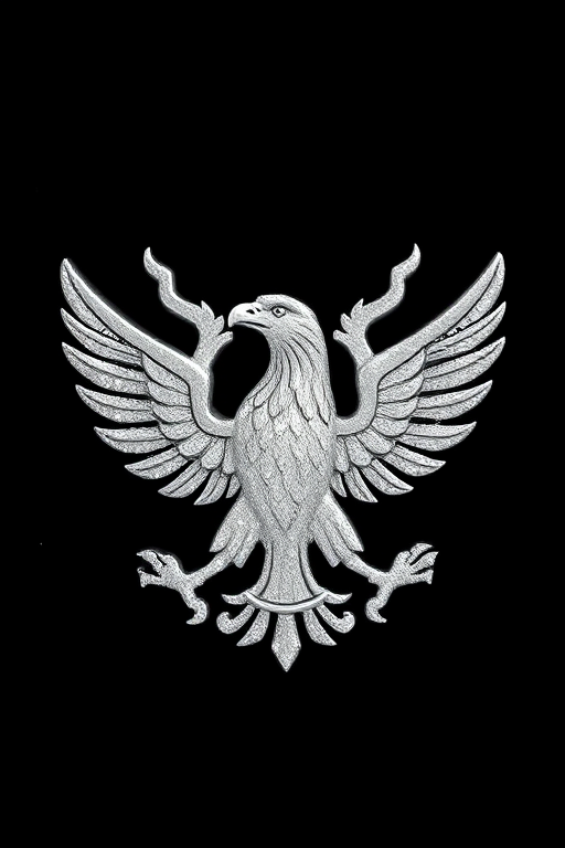 Regenerate a detailed, high-resolution silver and glitter eagle emblem on a black background, using a DSLR camera with a 50mm lens, aperture set to f/2.8, ISO 100, and shot at eye level for enhanced clarity and vibrancy.