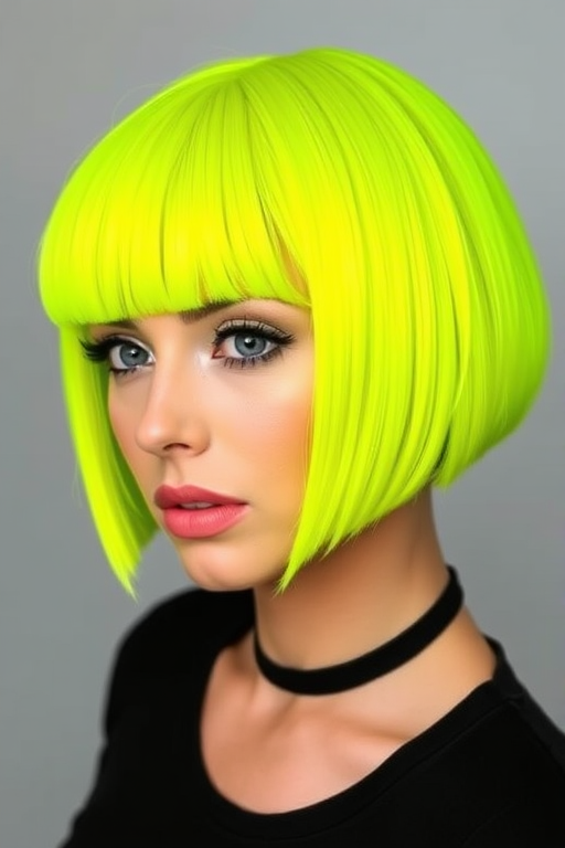 Vivid neon yellow bob called "Electric Sunshine" features a blunt cut with razor-sharp edges and subtle lime green undertones, creating a bold and energetic statement