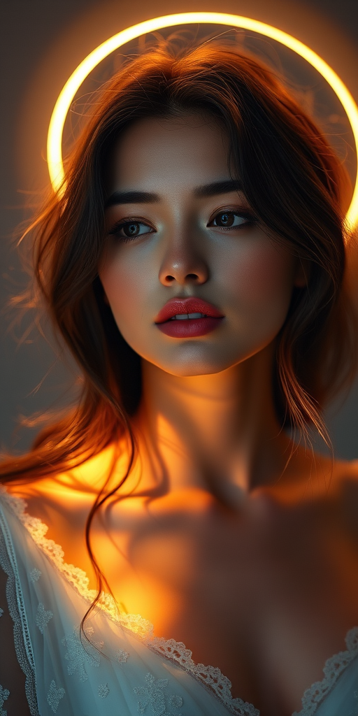 Create a serene portrait of a woman with a radiant halo, soft ethereal lighting, shot with a Canon EOS R5, 85mm f/1.2 lens, ISO 100, aperture f/2.0, 1/200 sec shutter speed, utilizing a soft focus style to enhance the overall glow and detail.