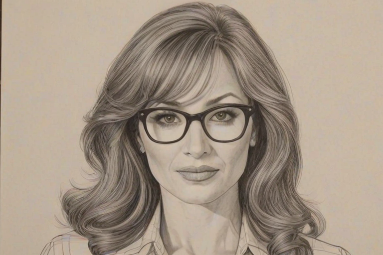 Radiant Lisa Ann Walter, pencil sketch, portrait of Graceful woman 1974s in glasses, hair style beatnik, outline, clear lines, fine lines, 8k