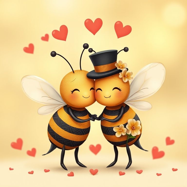 Create a whimsical illustration of two cartoon bees in love, featuring one wearing a top hat and the other adorned with flowers, surrounded by hearts, using a Canon EOS R6, focal length 50mm, aperture f/2.8, ISO 100, shot in soft natural light with a slight bokeh effect.