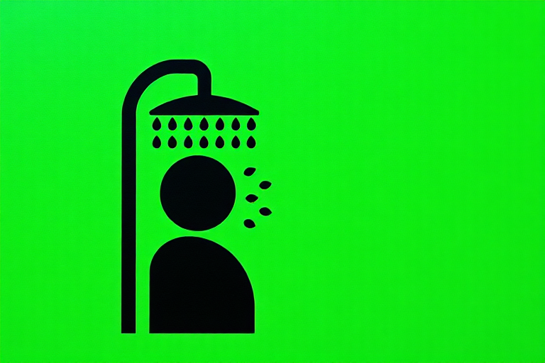 Create an image of a safety shower symbol with a green background featuring a simplified silhouette of a person under a showerhead with water droplets, include a medical cross in the top right corner, shot with a DSLR camera, 50mm lens, aperture f/8, ISO 200, using natural lighting for clarity and brightness.