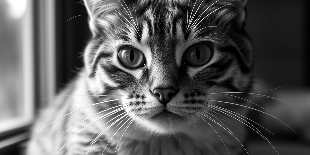 Generate a high-contrast black and white image of a cat with detailed fur texture, shot with a Canon EOS R5, 85mm lens, f/1.8 aperture, 1/200s shutter speed, ISO 200, in soft natural light from a window, capturing a close-up perspective to emphasize the cat's facial features and expressions.