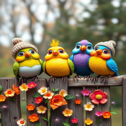 create a scene of 4 quirky  whimsical colourful comical birds each with a funny expression. they are sat on a wooden fence with colourful flowers. they are all different sizes. each one is a different colour  one is wearing a woolly hat. Each one has a different quirky google expression and there is a muted background of trees watercolour paintierly style high definition 8k resolution 3D paper mache