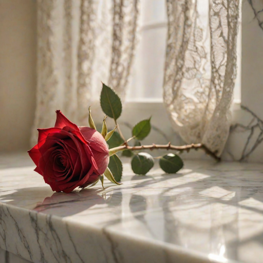 Soft-focus image of a single red rose resting on a marble countertop, soft sunlight filtering through lace curtains, casting delicate shadows across the surface.