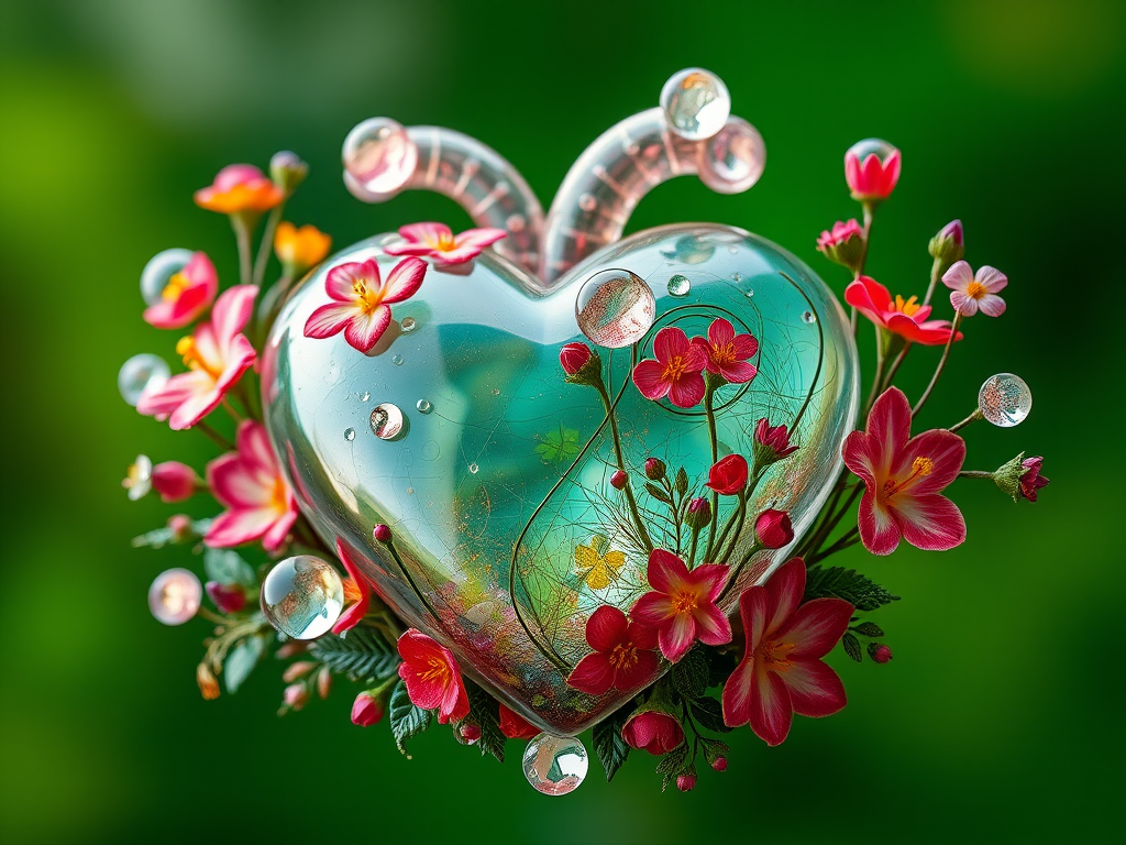 Create a vibrant, three-dimensional heart composed of glass-like textures and intricate flora, surrounded by sparkling gems and organic elements, in a rich green background, captured with a DSLR camera at f/1.8, ISO 100, 50mm lens, using a soft-focus effect for an ethereal atmosphere.
