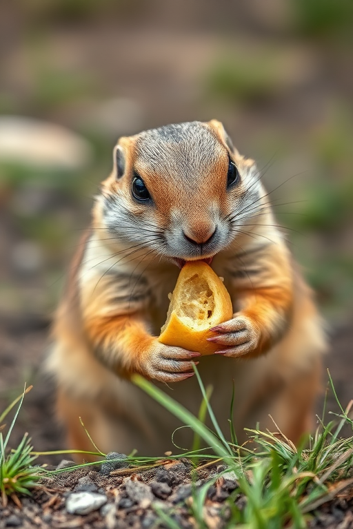 prairie dog eating in a natural habitat, close up, shallow depth of field, ISO 200, f/4, 1/250s, 50mm lens, natural light, DSLR camera