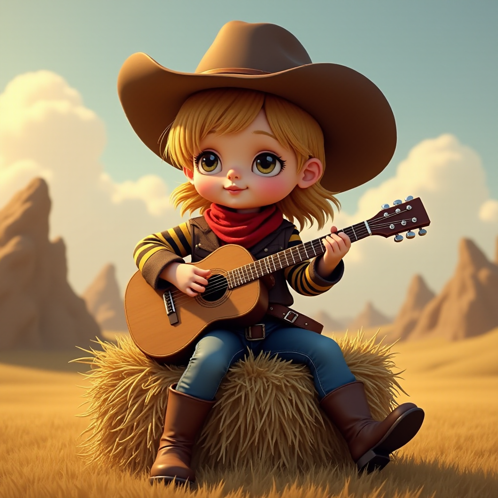 A chibi angelina jolie, dressed as a cowboy, playing guitar, sitting on a hay bale