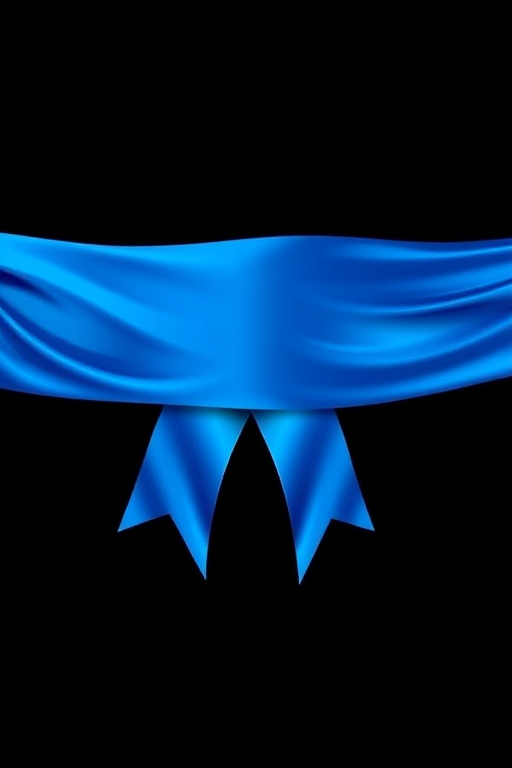 Create a smooth, glossy blue ribbon banner with flowing ends, captured in high resolution with a DSLR camera, using a 50mm lens at f/2.8, ISO 100, and a shallow depth of field to enhance sharpness and detail.