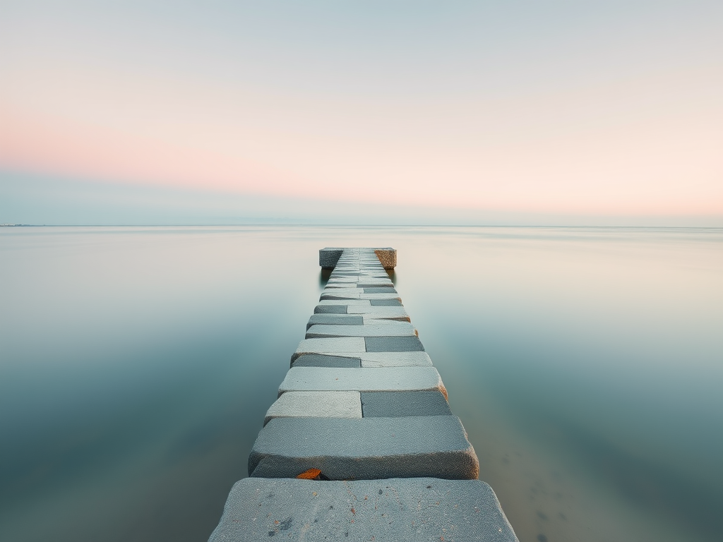 Create a serene beach scene featuring a smooth stone jetty extending into calm water under a soft, pastel sky, captured with a Canon EOS R5 using a 24-70mm f/2.8 lens at f/11, ISO 100, and a shutter speed of 3 seconds for a long exposure effect, aiming for a minimalistic and tranquil composition.