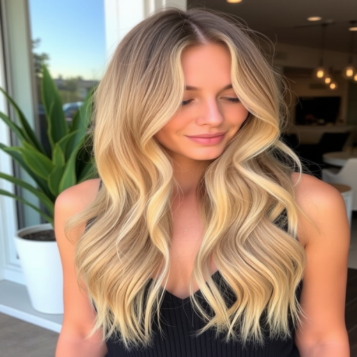 Chic honey blonde lob christened "Golden Hour" styled with beachy waves and sun-kissed balayage, exuding effortless elegance and warmth