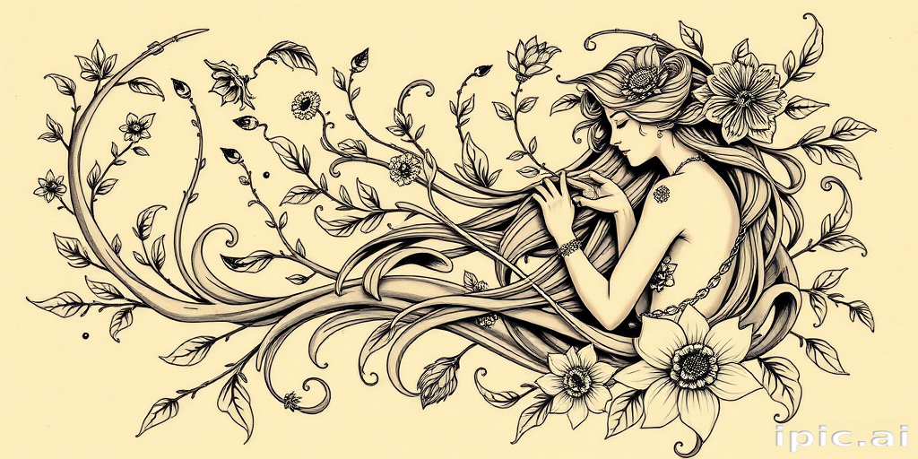 Art nouveau "Whimsical Reverie" tattoo design featuring flowing curves organic forms and nature-inspired elements combined with feminine figures and decorative motifs in a elegant and timeless style