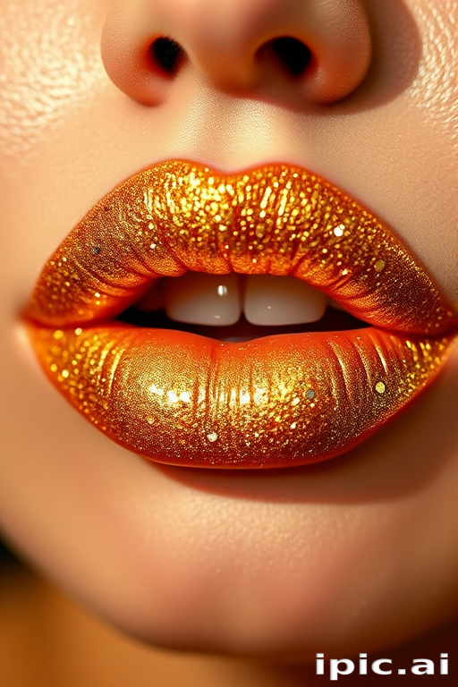 Glittery gold lips with a sparkling finish, named "Golden Hour," showcase a luxurious, light-catching effect and warm undertones for a glamorous look