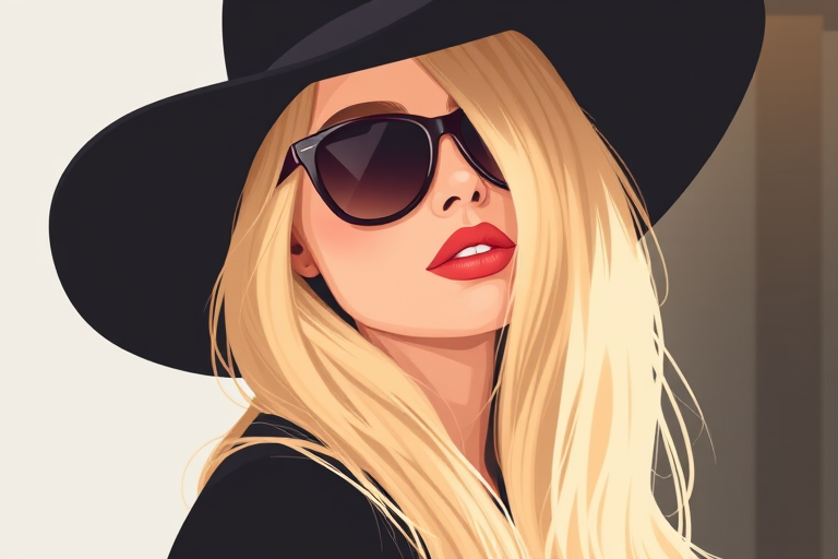 Create an illustration of a woman with long blond hair wearing a black hat and stylish sunglasses, captured in a portrait view with soft light, using a Canon EOS R5, 50mm lens, f/1.8 aperture, ISO 100, and a shallow depth of field to enhance image quality and focus on her expression.
