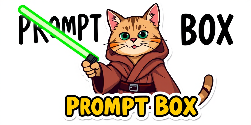 Sticker design, content cat wearing a Jedi robe and holding green lightsaber, promoting a message with the words "Prompt Box", flat bright colors, isolated on a white background, illustration