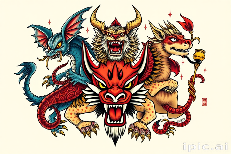 Neo-traditional "Folkloric Menagerie" tattoo design showcasing mythical creatures and symbolic animals rendered with bold lines saturated colors and stylized features inspired by classic tattoo art