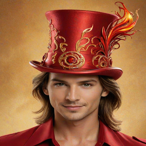 Create an image of a vibrant red top hat adorned with dynamic flame-like shapes in various shades of red. The base of the hat should feature a band with shimmering gold accents, enhancing the fiery theme. The background should be simple and light to emphasize the hat's design.