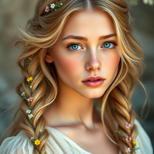 Create an image of a young woman with long, wavy blonde hair, adorned with small, colorful flowers woven into her braids and loose strands. Her complexion is fair, with soft, glowing skin, and she has light blue eyes that gaze softly at the viewer. She wears a light, flowing dress with a gentle, ethereal quality, complementing her delicate and serene appearance. The background is slightly blurred, drawing focus to her tranquil expression and the intricate details of the flowers in her hair. The overall mood of the image is one of natural beauty and grace, evoking a sense of peacefulness and connection with nature.