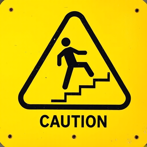 Generate an image of a caution sign featuring a person slipping on stairs, with a vivid yellow background and a black triangular border, captured with a DSLR camera at f/8 aperture, ISO 100, 24mm focal length, and a top-down view for clarity and detail.