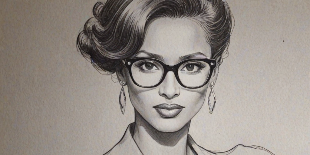 Pleasing Iman, pencil sketch, portrait of Alluring woman 1924s in glasses, hair style beatnik, outline, clear lines, fine lines, 8k