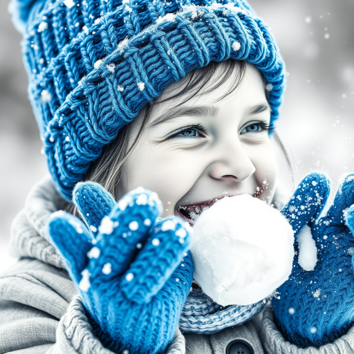 A hyperdetailed photorealistic macro image black and white pencil sketch of a young girl getting hit by a snowball during a snowball fight. She is wearing a brilliant sapphire blue wool beanie and bright blue mittens. She is trying to block the snowball by putting her hands up. The snowball hits her beanie and disintegrates into myriad tiny snowflakes caught with high speed photography. The girl is laughing and having a wonderful time.