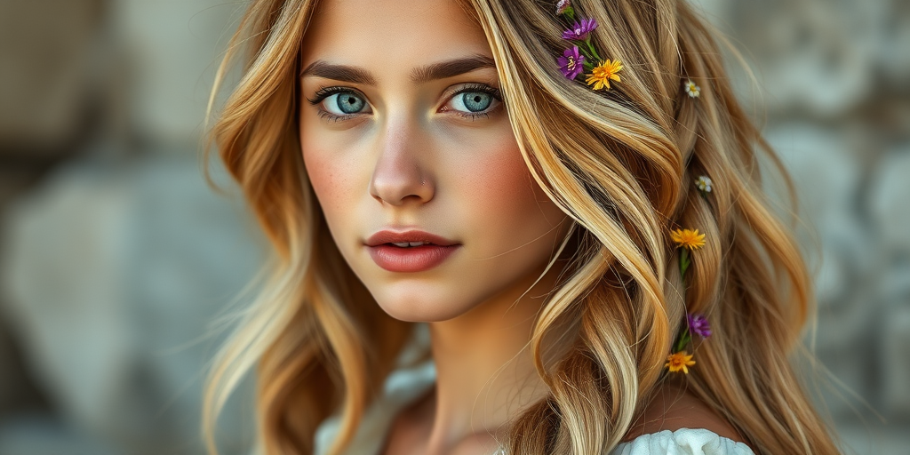 Create an image of a young Sephardic woman with long, wavy blonde hair, adorned with small, colorful flowers woven into her braids and loose strands. Her complexion is fair, with soft, glowing skin, and she has light blue eyes that gaze softly at the viewer. She wears a light, flowing dress with a gentle, ethereal quality, complementing her delicate and serene appearance. The background is slightly blurred, drawing focus to her tranquil expression and the intricate details of the flowers in her hair. The overall mood of the image is one of natural beauty and grace, evoking a sense of peacefulness and connection with nature.