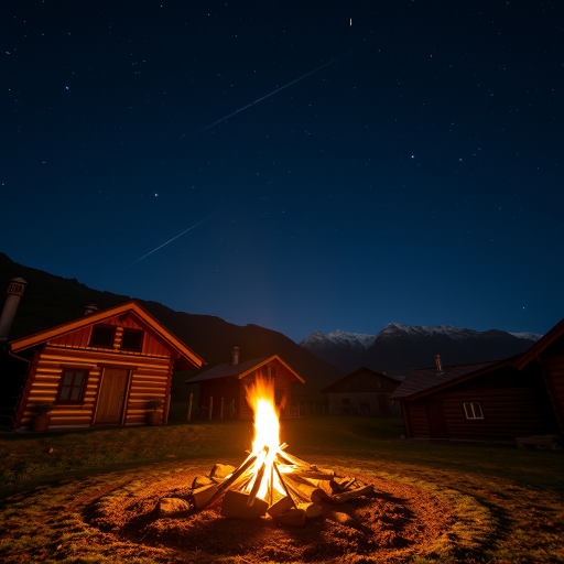 a tranquil village at night with wooden houses, a bright campfire in the foreground, a clear starry sky with a shooting star, mountains in the background, capture with a DSLR camera, aperture f/2.8, ISO 400, 24mm lens, long exposure for enhanced light trails and atmospheric detail