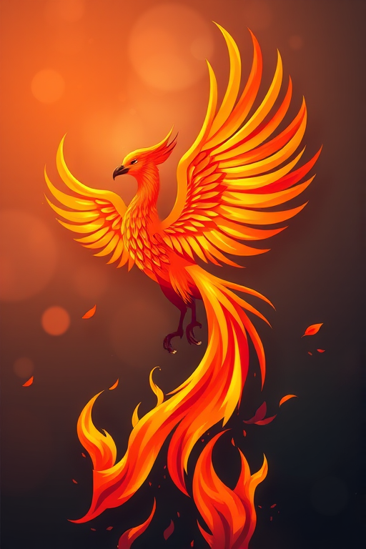 Create a high-resolution illustration of a stylized phoenix rising from flames, captured with a Canon EOS R5, 50mm f/1.2 lens, ISO 100, aperture f/1.2, and a shallow depth of field, showcasing vibrant colors and dynamic motion with soft bokeh in the background.