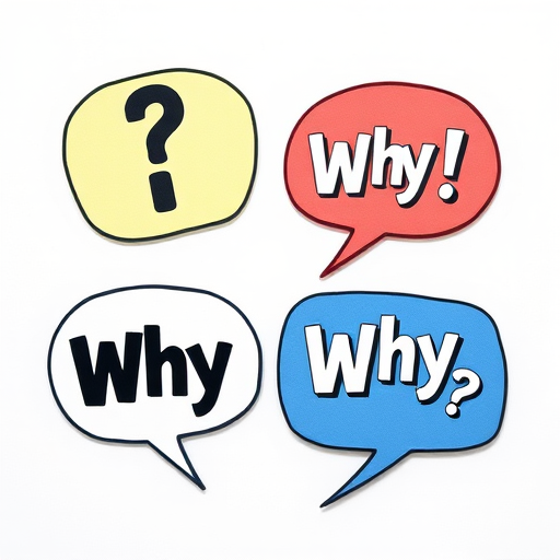 Create an illustration featuring four speech bubbles in varying colors with the texts '?', '!', 'Why?', and 'Why Not?' arranged in a dynamic layout, using a Canon EOS R5 camera with a 50mm lens, f/2.8 aperture, ISO 100, and a high-resolution setting for vibrant colors and sharp details, in a flat lay view.