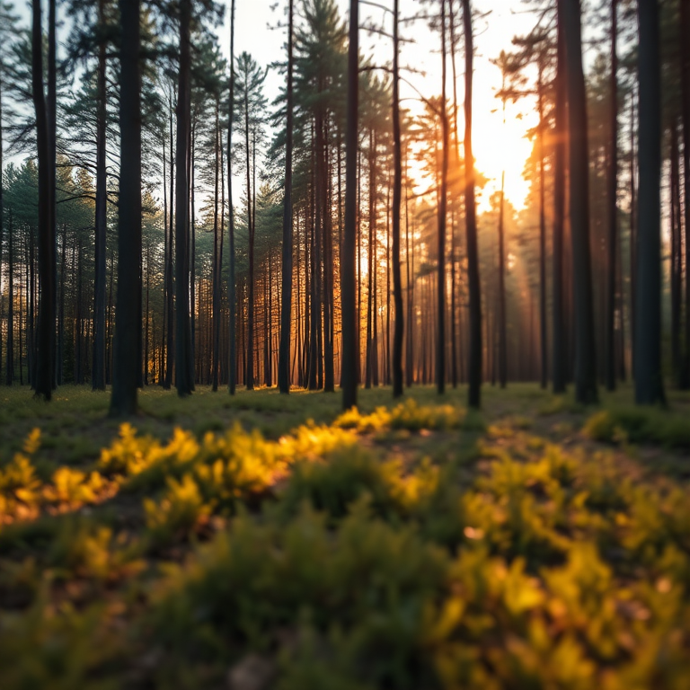 Create a high-resolution image of a serene forest landscape during golden hour with soft sunlight filtering through the trees, using a DSLR camera at f/8 aperture, ISO 200, 24mm lens, and a slight tilt-shift to enhance depth of field.
