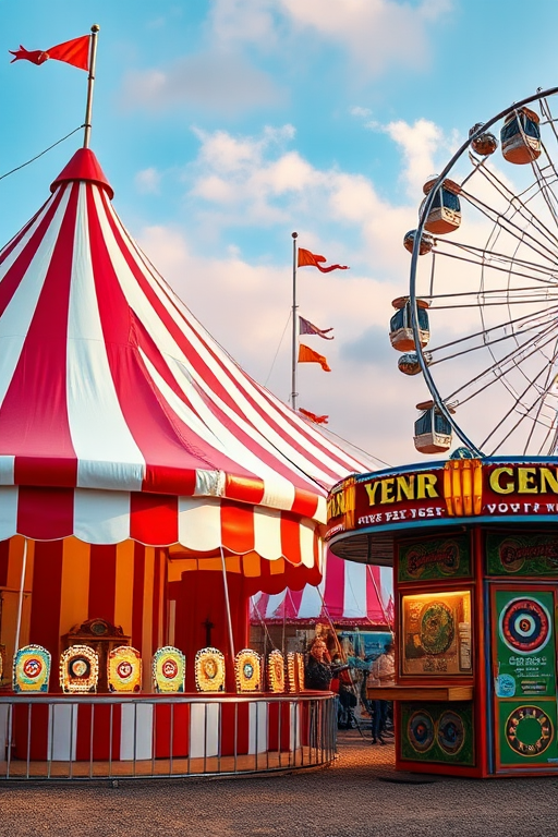 Create a vibrant carnival scene featuring a striped big top tent, a colorful amusement ride with flags, a Ferris wheel with illuminated boxes, and a game booth with targets, shot with a DSLR camera at f/2.8, ISO 100, and a wide-angle lens to capture the entire scene with high detail and vivid colors.