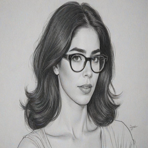 Graceful Sarah Silverman, pencil sketch, portrait of Lovely woman 1969s in glasses, hair style beatnik, outline, clear lines, fine lines, 8k