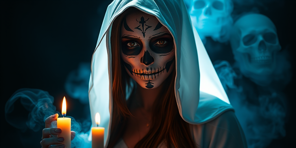 Create a dramatic portrait of a woman with a painted skull face, wearing a flowing white hooded cloak, surrounded by soft blue smoke, illuminated by the warm glow of a single candle, set against a dark, mysterious background, using a Canon EOS R5 with a 50mm f/1.2 lens, at ISO 100, aperture f/1.2, and a shutter speed of 1/60s for optimal clarity and depth of field.