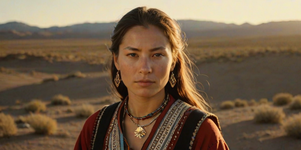 Dramatic photo of a beautiful Sami woman, classic cowboy attire, confident and free spirit expression, half-length portrait, centered, golden hour desert landscape, warm, diffused light, low angle, medium format film camera, in style of Annie Leibovitz.