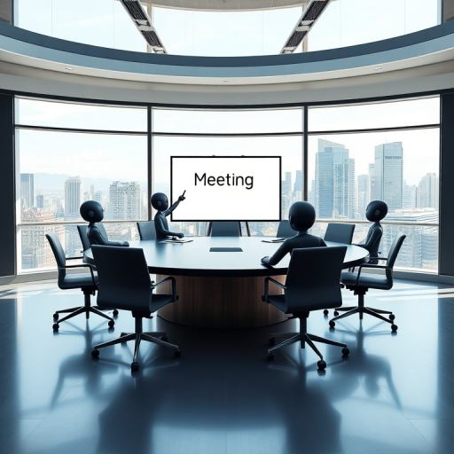 Generate a high-resolution image of a modern conference room with a large round table and six stylized human figures, one presenting at a whiteboard that says "Meeting," with a panoramic window view of a city skyline in the background, using a DSLR camera, 50mm lens, f/2.8 aperture, ISO 100, and natural lighting.