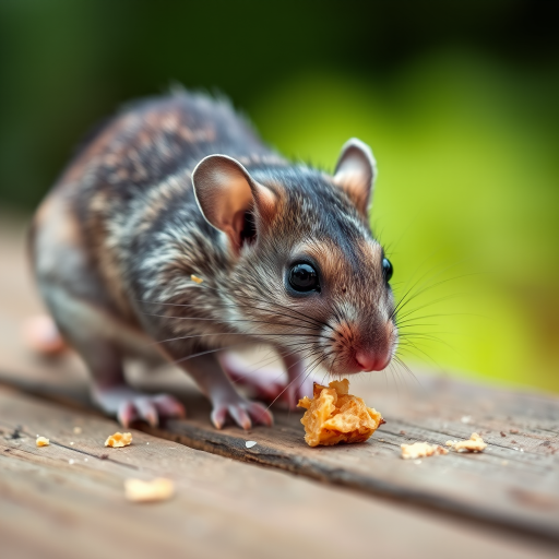 Close-up shot of a gray mouse nibbling on food on a wooden surface with blurred greenery in the background, using a DSLR camera, 85mm lens, aperture f/2.8, ISO 200, shutter speed 1/200s, natural light for enhanced detail and clarity.