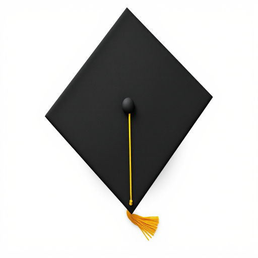 Create a high-resolution illustration of a black graduation cap with a yellow tassel against a clean white background, using a DSLR camera with a 50mm lens, f/1.8 aperture, ISO 100, and shot from a top-down angle to enhance detail and contrast.