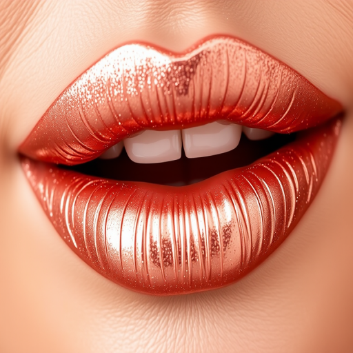 Shimmering rose gold metallic lips, dubbed "Champagne Kiss," offer a dazzling shine and a hydrating formula that keeps lips moisturized all day