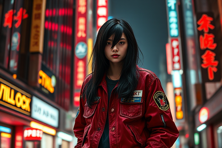 regenerate a cyberpunk character with long black hair wearing a red jacket adorned with patches, standing against a backdrop of neon-lit city buildings and signs, captured in sharp detail, using a 50mm lens, f/1.8 aperture, ISO 100, with a shallow depth of field for a cinematic effect, taken with a full-frame mirrorless camera.