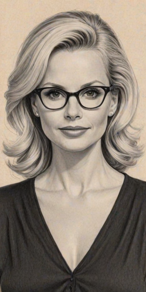 Fascinating Monica Potter, pencil sketch, portrait of Lovely woman 1949s in glasses, hair style beatnik, outline, clear lines, fine lines, 8k