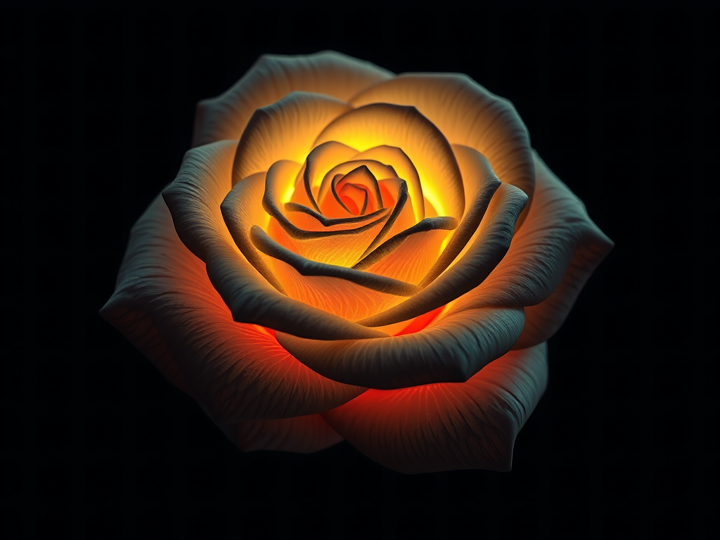 Create a hyper-realistic 3D rendering of a glowing rose with intricate petal details, set against a dark grid background, using a Canon EOS R5 camera with a 50mm f/1.2 lens, aperture at f/1.8, ISO 100, shutter speed 1/125s for optimal sharpness and depth of field.