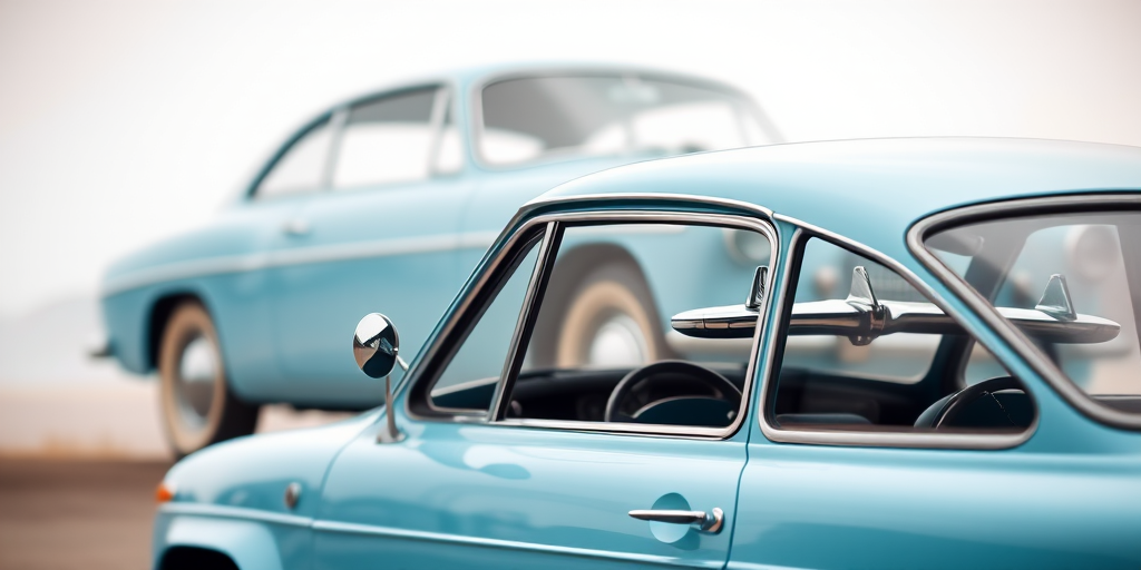 Generate a high-resolution image of a classic light blue car in profile view, with a soft focus background, using a DSLR camera with a 50mm lens, aperture at f/2.8, ISO 100, and a shutter speed of 1/200s.
