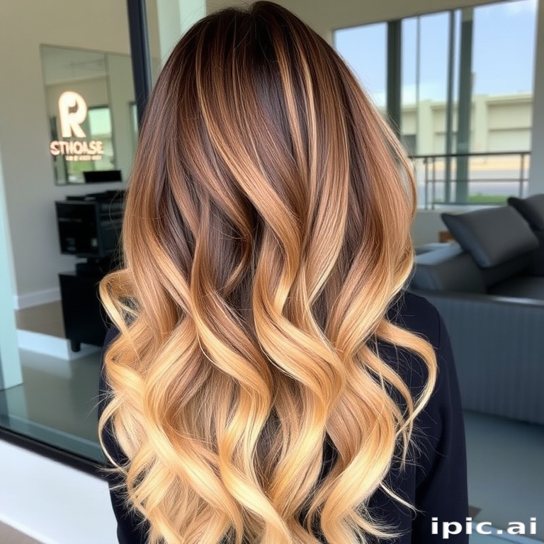 Elegant Balayage Mermaid Waves cascading down to waist-length, seamlessly transitioning from rich chocolate brown roots to sun-kissed golden blonde ends, exuding effortless beachy glamour