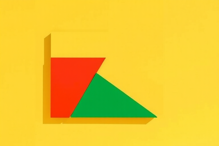 Create a high-resolution image of a composition featuring a large yellow square and two overlapping triangles, one red and one green, in a minimalist style, captured with a Canon EOS R5, 50mm lens, f/2.8 aperture, ISO 100, in natural daylight for vibrant colors.
