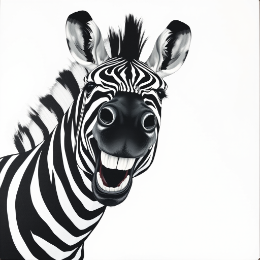 Abstract black and white acrylic portrait of an over exaggerated laughing (Zebra). Minimalism style. White background.