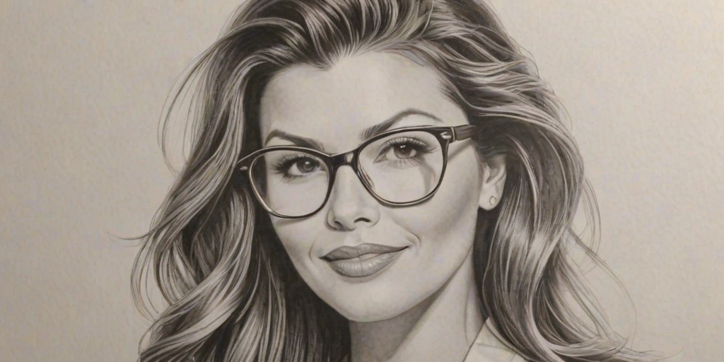 Magnificent Ali Landry, pencil sketch, portrait of Stunning woman 1936s in glasses, hair style beatnik, outline, clear lines, fine lines, 8k