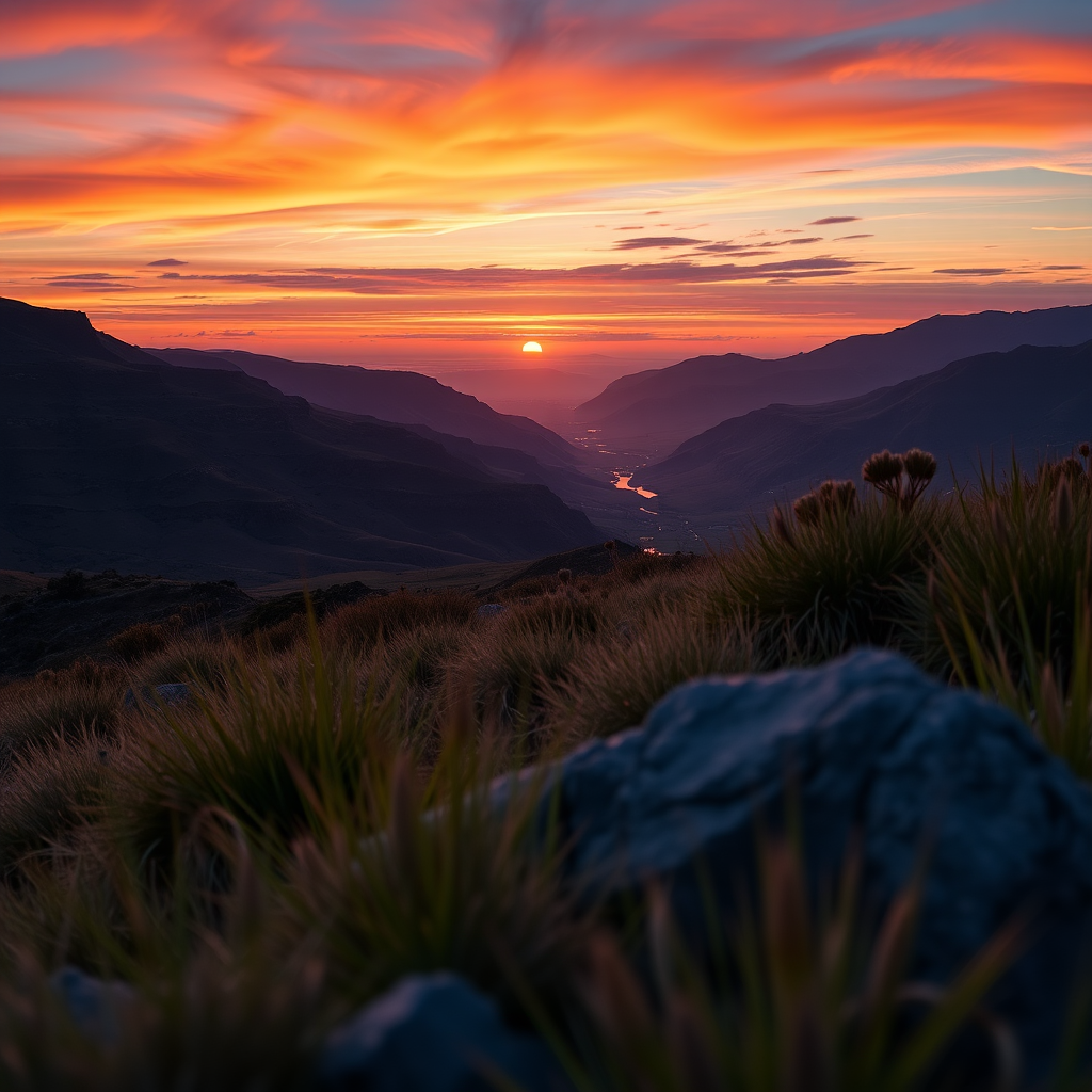 Create a high-resolution image of a serene landscape during sunrise with vibrant colors, using a Canon EOS 5D Mark IV, 24mm lens, f/8 aperture, ISO 100, 1/200 second exposure, shot from a low angle to emphasize foreground details.