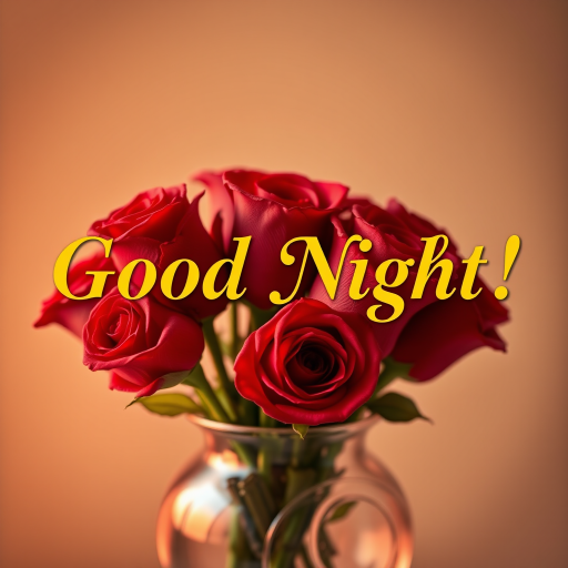 Create an image with the text "Good Night!" in golden Garamond font, placed atop a delicate vase filled with vibrant red roses, with soft focus and warm lighting effects.