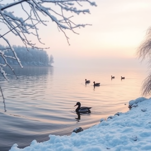 snowy lakeside at dawn with gentle waves and ducks swimming, taken with a Canon EOS R5, 24mm lens, aperture f/8, ISO 100, 1/200 sec, soft pastel colors, serene atmosphere, focus on the water and snowy branches