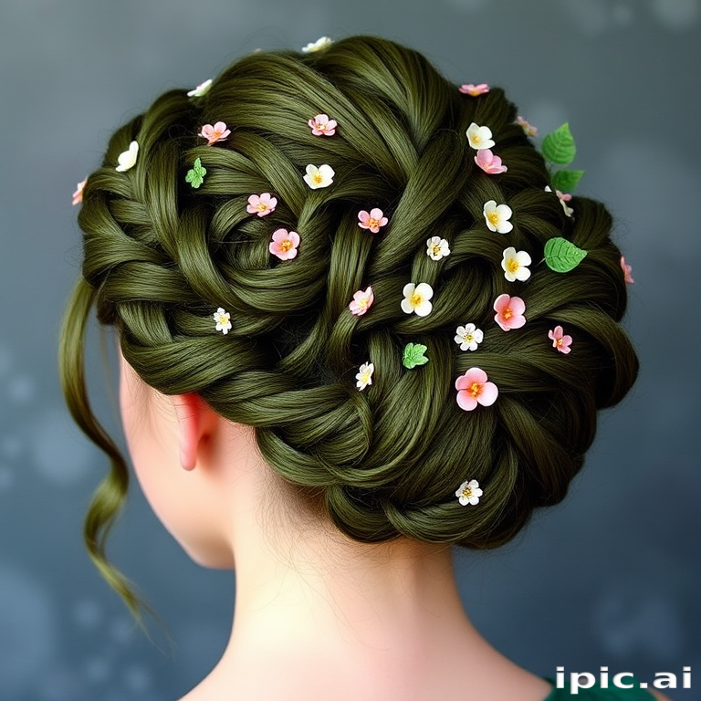 Enchanted Forest Updo showcasing a complex arrangement of braids and twists in various shades of green, adorned with small flowers and leaf-shaped pins